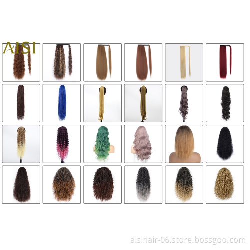 Aisi Hair Black Mixed Brown Long Wavy Drawstring Ponytail Hairpiece Heat Resistant Synthetic Hair Clip In Extensions For Women